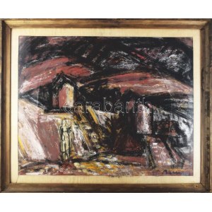 Barcsay Jenő (1900-1988): Dombos táj alakkal. Vegyes technika, karton. Jelezve jobbra lent: Barcsay. Aukcionálva...