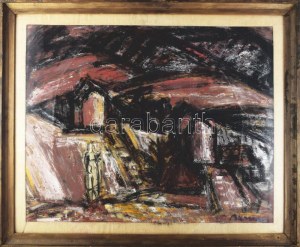 Barcsay Jenő (1900-1988): Dombos táj alakkal. Vegyes technika, karton. Jelezve jobbra lent: Barcsay. Aukcionálva...