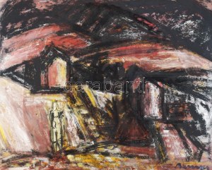 Barcsay Jenő (1900-1988): Dombos táj alakkal. Vegyes technika, karton. Jelezve jobbra lent: Barcsay. Aukcionálva...