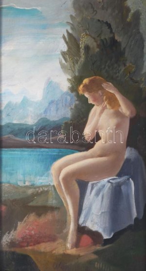 Molnár C. Pál (1894-1981): Női akt tájban. Olaj, fa, jelezve jobbra lent. Dekoratív fakeretben, 58×32...