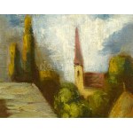 Iványi Grünwald Béla (1867-1940): Tájkép alakokkal. Olaj, vászon, jelezve jobbra lent. A tételhez tartozik egy levél...