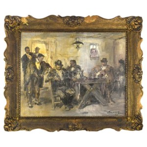 Náray Aurél (1883-1948): Dínom-dánom. Olaj, vászon. Jelezve jobbra lent. Dekoratív, sérült fakeretben. 55x67,5 cm ...