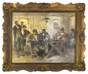 Náray Aurél (1883-1948): Dínom-dánom. Olaj, vászon. Jelezve jobbra lent. Dekoratív, sérült fakeretben. 55x67,5 cm ...