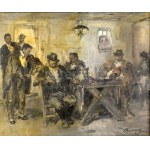 Náray Aurél (1883-1948): Dínom-dánom. Olaj, vászon. Jelezve jobbra lent. Dekoratív, sérült fakeretben. 55x67,5 cm ...