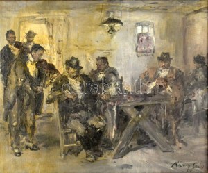 Náray Aurél (1883-1948): Dínom-dánom. Olaj, vászon. Jelezve jobbra lent. Dekoratív, sérült fakeretben. 55x67,5 cm ...