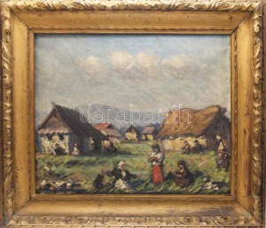 Mikola András (1884-1970): Társaság a szabadban. Olaj, vászon. Jelezve jobbra lent. Dekoratív fakeretben. 55x67 cm ...