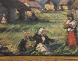 Mikola András (1884-1970): Társaság a szabadban. Olaj, vászon. Jelezve jobbra lent. Dekoratív fakeretben. 55x67 cm ...