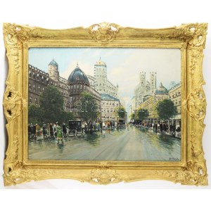 Berkes Antal (1874-1938): Nagyvárosi forgatag. Olaj, vászon. Jelezve jobbra lent. 60x80 cm. Dekoratív fakeretben. ...