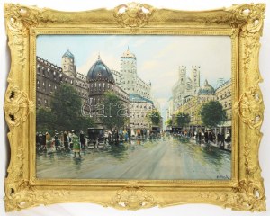 Berkes Antal (1874-1938): Nagyvárosi forgatag. Olaj, vászon. Jelezve jobbra lent. 60x80 cm. Dekoratív fakeretben. ...
