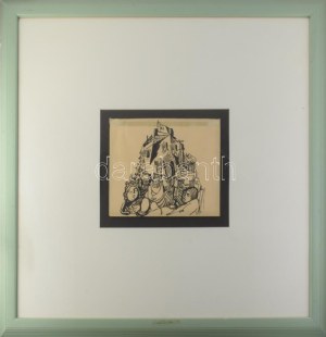 Kádár Béla (1877-1956): Forgatag. Tus, papír, jelezve jobbra lent, üvegezett fakeretben, 23,5x30 cm. Proveniencia...