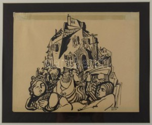 Kádár Béla (1877-1956): Forgatag. Tus, papír, jelezve jobbra lent, üvegezett fakeretben, 23,5x30 cm. Proveniencia...
