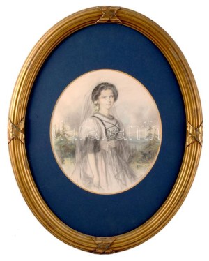 Josef Burda (1827-): Divatos fiatal hölgy, 1860. Akvarell, ceruza, papír. Jelzett. Dekoratív fakeretben. 23x20,5 cm ...