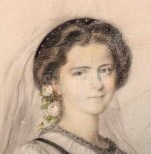 Josef Burda (1827-): Divatos fiatal hölgy, 1860. Akvarell, ceruza, papír. Jelzett. Dekoratív fakeretben. 23x20,5 cm ...