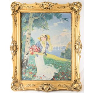 Illencz Lipót (1882-1950): Lány virágokkal. Olaj, vászon, jelezve balra lent. Dekoratív fakeretben, 80×60 cm. ...