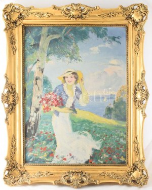 Illencz Lipót (1882-1950): Lány virágokkal. Olaj, vászon, jelezve balra lent. Dekoratív fakeretben, 80×60 cm. ...