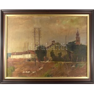 Szüle Péter (1886-1944): Szolnoki részlet, 1923. Olaj, vászon, jelzett. Javított. Dekoratív fakeretben, 60×80 cm...