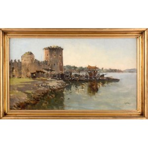 Györök Leó (1847-1899): Trogiri részlet. Olaj, vászon. Jelezve jobbra lent. Dekoratív, kissé kopott fakeretben, 29,5×51...