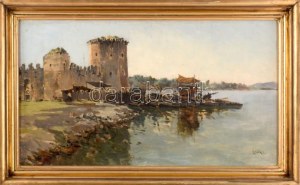 Györök Leó (1847-1899): Trogiri részlet. Olaj, vászon. Jelezve jobbra lent. Dekoratív, kissé kopott fakeretben, 29,5×51...