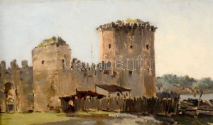 Györök Leó (1847-1899): Trogiri részlet. Olaj, vászon. Jelezve jobbra lent. Dekoratív, kissé kopott fakeretben, 29,5×51...