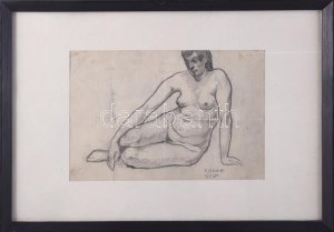 Kádár Béla (1877-1956): Ülő női akt. Ceruza, papír, jelzett, hajtásnyomokkal, apró sérüléssel, kissé foltos...
