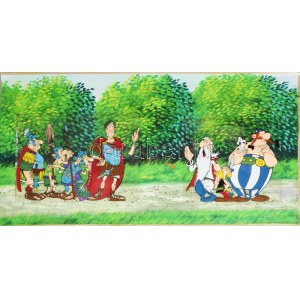 Asterix, Obelix, Ideafix, Caius Iulius Caesar és más szereplők az Asterix rajzfilm egyik jelenetének eredeti...