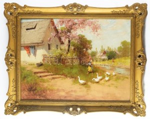 Neogrády László (1896-1962): Libapásztorlány. Olaj, vászon, jelezve balra lent. Dekoratív fakeretben. 60×80 cm ...