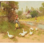 Neogrády László (1896-1962): Libapásztorlány. Olaj, vászon, jelezve balra lent. Dekoratív fakeretben. 60×80 cm ...