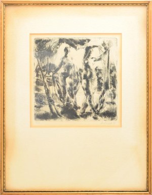Aba-Novák Vilmos (1894-1941): Fürdőzők (női aktok). Rézkarc, papír, jelzett, számozott (XIX.44), üvegezett fakeretben...
