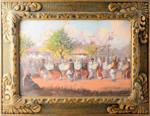 Ion Dobosariu (román festő, XX. sz. első fele): Körtánc. Olaj, karton. Jelezve jobbra lent. 35x50 cm. Üvegezett...