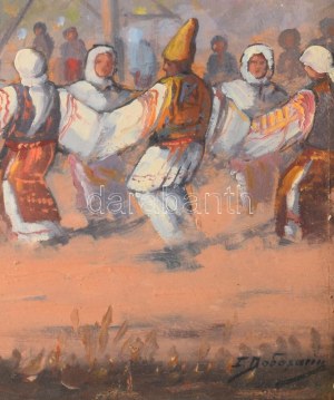 Ion Dobosariu (román festő, XX. sz. első fele): Körtánc. Olaj, karton. Jelezve jobbra lent. 35x50 cm. Üvegezett...