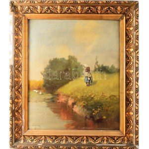 Neogrády Antal (1861-1942): Libapásztorlány. Olaj, vászon, jelezve balra lent: Neogrády A. 60x50 cm...