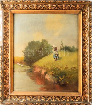Neogrády Antal (1861-1942): Libapásztorlány. Olaj, vászon, jelezve balra lent: Neogrády A. 60x50 cm...