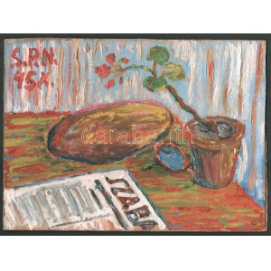 Nolipa István Pál (1907-1986): Újságos kép, 1945. Olaj, papírlemez. Jelzett. Hátoldalán autográf felirattal. 21,5x29 cm...