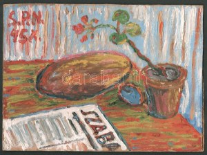 Nolipa István Pál (1907-1986): Újságos kép, 1945. Olaj, papírlemez. Jelzett. Hátoldalán autográf felirattal. 21,5x29 cm...