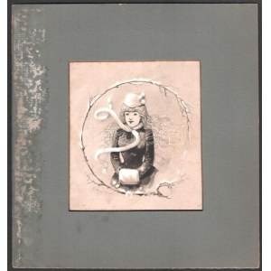 Karel Krejčík (1857-1901): Divatos hölgy. Lavírozott tus, fedőfehér, papír, jelzett. Kissé kopott paszpartuban. 14x12...