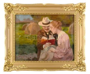 Margitay Tihamér (1859-1922): Pásztoróra (A széptevő). Olaj, vászon, jelezve balra lent, 38×47 cm. Apró sérülésekkel...