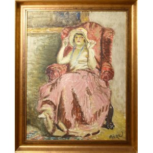 Márk Lajos (1867-1940): Dáma fotelben. Olaj, vászon, jelezve jobbra lent. Dekoratív fakeretben, 80×60 cm / Lajos Márk...