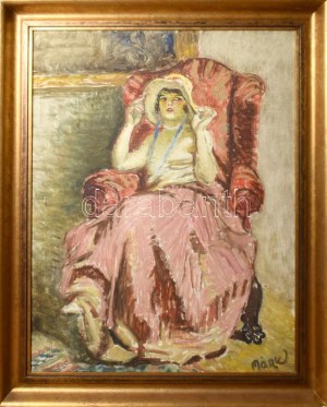 Márk Lajos (1867-1940): Dáma fotelben. Olaj, vászon, jelezve jobbra lent. Dekoratív fakeretben, 80×60 cm / Lajos Márk...
