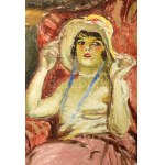 Márk Lajos (1867-1940): Dáma fotelben. Olaj, vászon, jelezve jobbra lent. Dekoratív fakeretben, 80×60 cm / Lajos Márk...