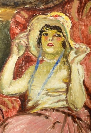 Márk Lajos (1867-1940): Dáma fotelben. Olaj, vászon, jelezve jobbra lent. Dekoratív fakeretben, 80×60 cm / Lajos Márk...