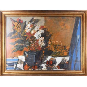 Klimó Károly (1936-): Csendélet. Olaj, farost, jelezve jobbra fent. Hátoldalán Képcsarnok Vállalat címkéjével...