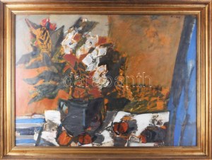 Klimó Károly (1936-): Csendélet. Olaj, farost, jelezve jobbra fent. Hátoldalán Képcsarnok Vállalat címkéjével...