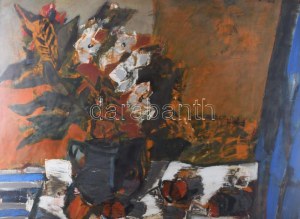 Klimó Károly (1936-): Csendélet. Olaj, farost, jelezve jobbra fent. Hátoldalán Képcsarnok Vállalat címkéjével...
