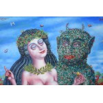 Galambos Tamás (1939 - ): Szépség és a Faun. Olaj, vászon, jelzett, keretben 80x56 cm