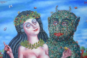 Galambos Tamás (1939 - ): Szépség és a Faun. Olaj, vászon, jelzett, keretben 80x56 cm