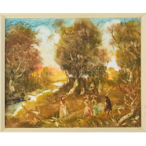 Szilágyi Imre (1942-): Társaság a szabadban. Olaj, farost, jelezve jobbra lent. 40x50 cm. Fakeretben...