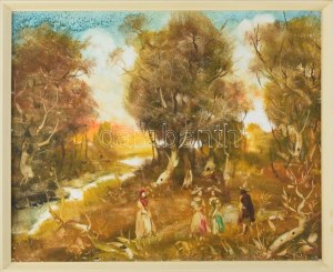 Szilágyi Imre (1942-): Társaság a szabadban. Olaj, farost, jelezve jobbra lent. 40x50 cm. Fakeretben...