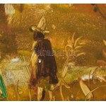Szilágyi Imre (1942-): Társaság a szabadban. Olaj, farost, jelezve jobbra lent. 40x50 cm. Fakeretben...