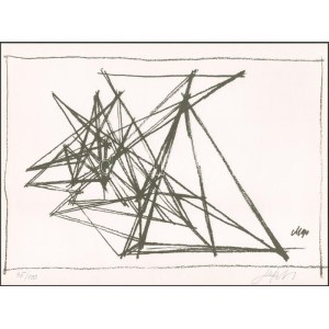 Megyik János (1938-): Konstrukció (cím nélkül). Szitanyomat, papír. Jelzett. Számozott: 35/100. Az 1991...