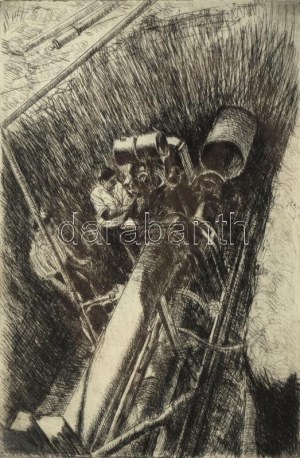 Maurer Dóra (1937-): Építkezés, 1961. Rézkarc, papír, jelzett, üvegezett fakeretben. 29x19 cm